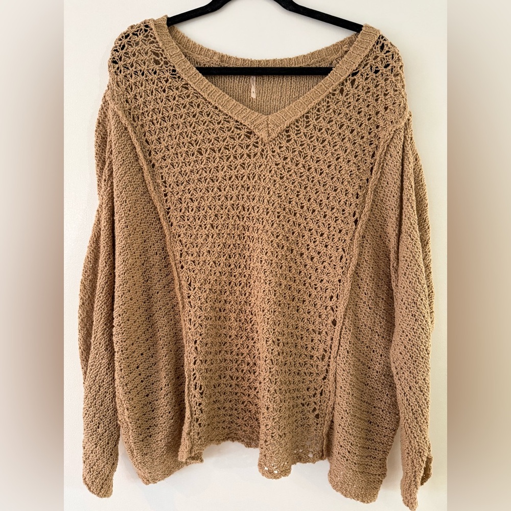 Free People Baja Laguna Coast Pullover Open Crochet Knit Sweater Tan Size small
